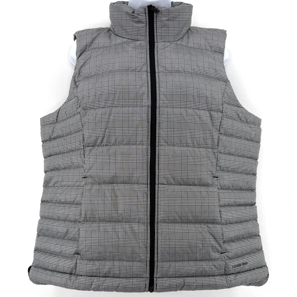 Lands End Vest Women L Down‎ Puffer 600 Fill Water Resistant Black Check Outdoor
